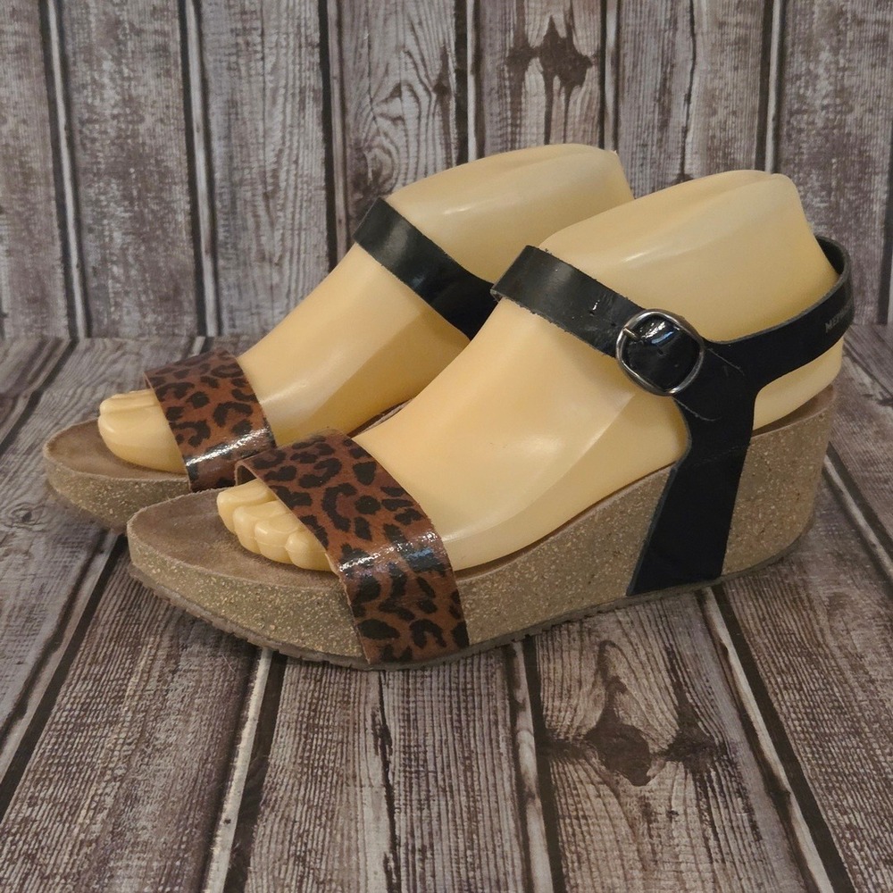 Sz 39 / 9 Mephisto Lee Leopard‎ Print/ Black Patent Leather Wedge Sandals VGUC!